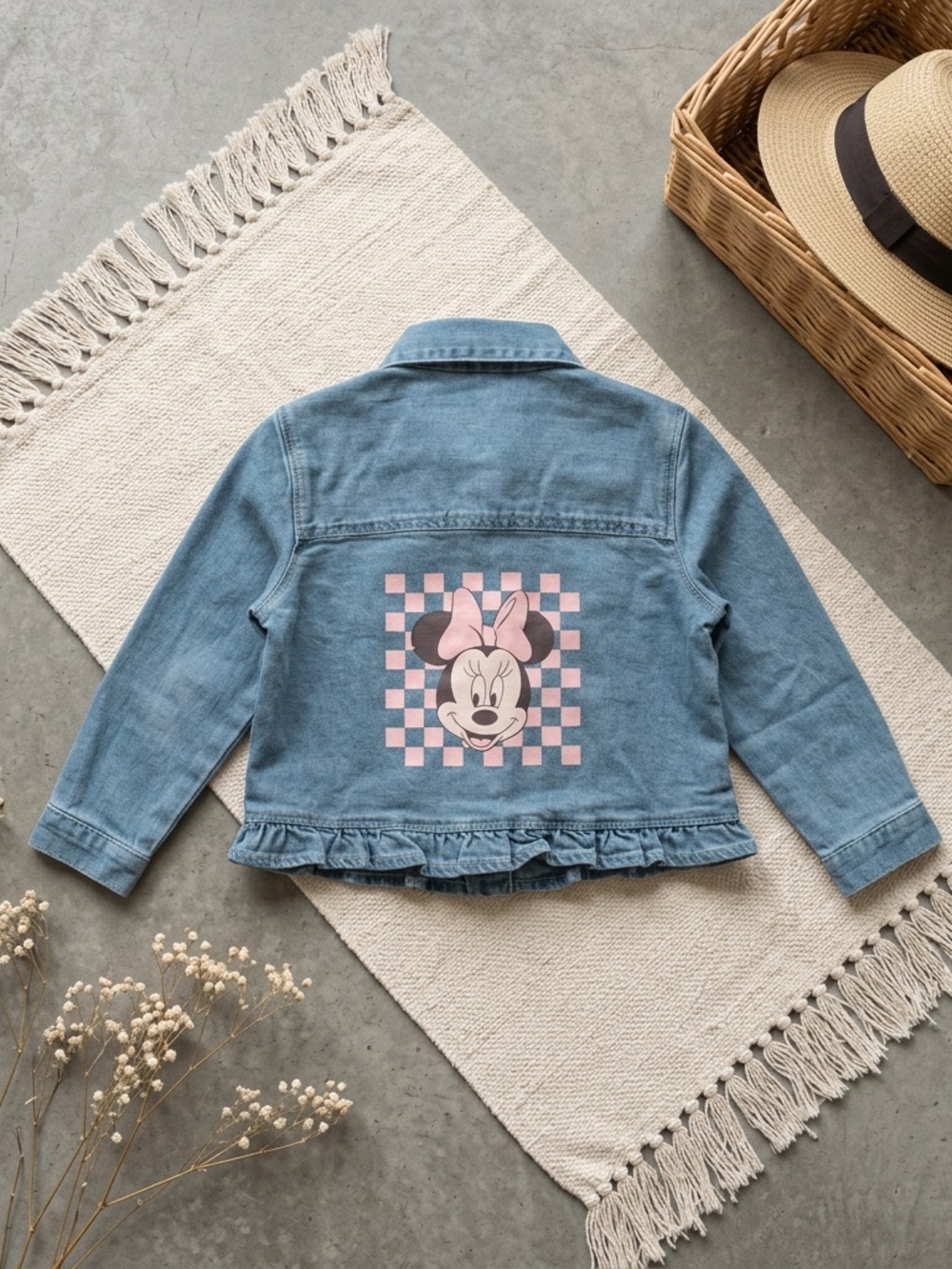 Ruffle Butts Light Blue Denim Jacket with Pink Minnie Graphic